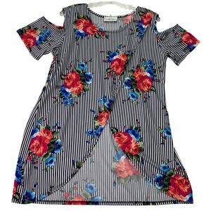 Caren Sport Womens 2X Plus Blue Pink Rose Floral Open Front Criss Cross Blouse